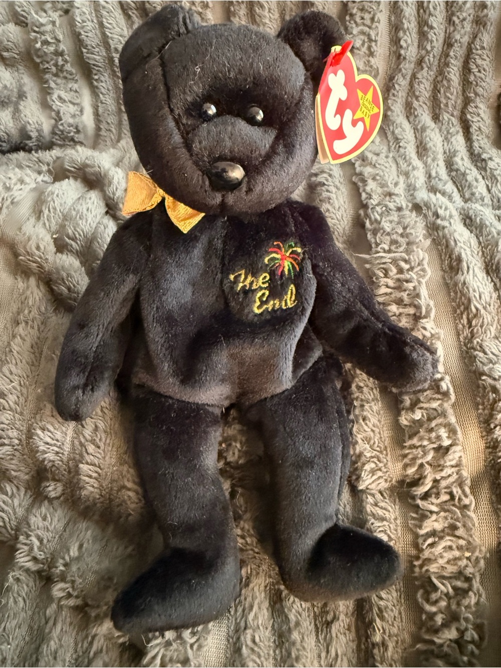 Ty Black 'The End' Embroidered Logo Plush Bear with Gold Bow